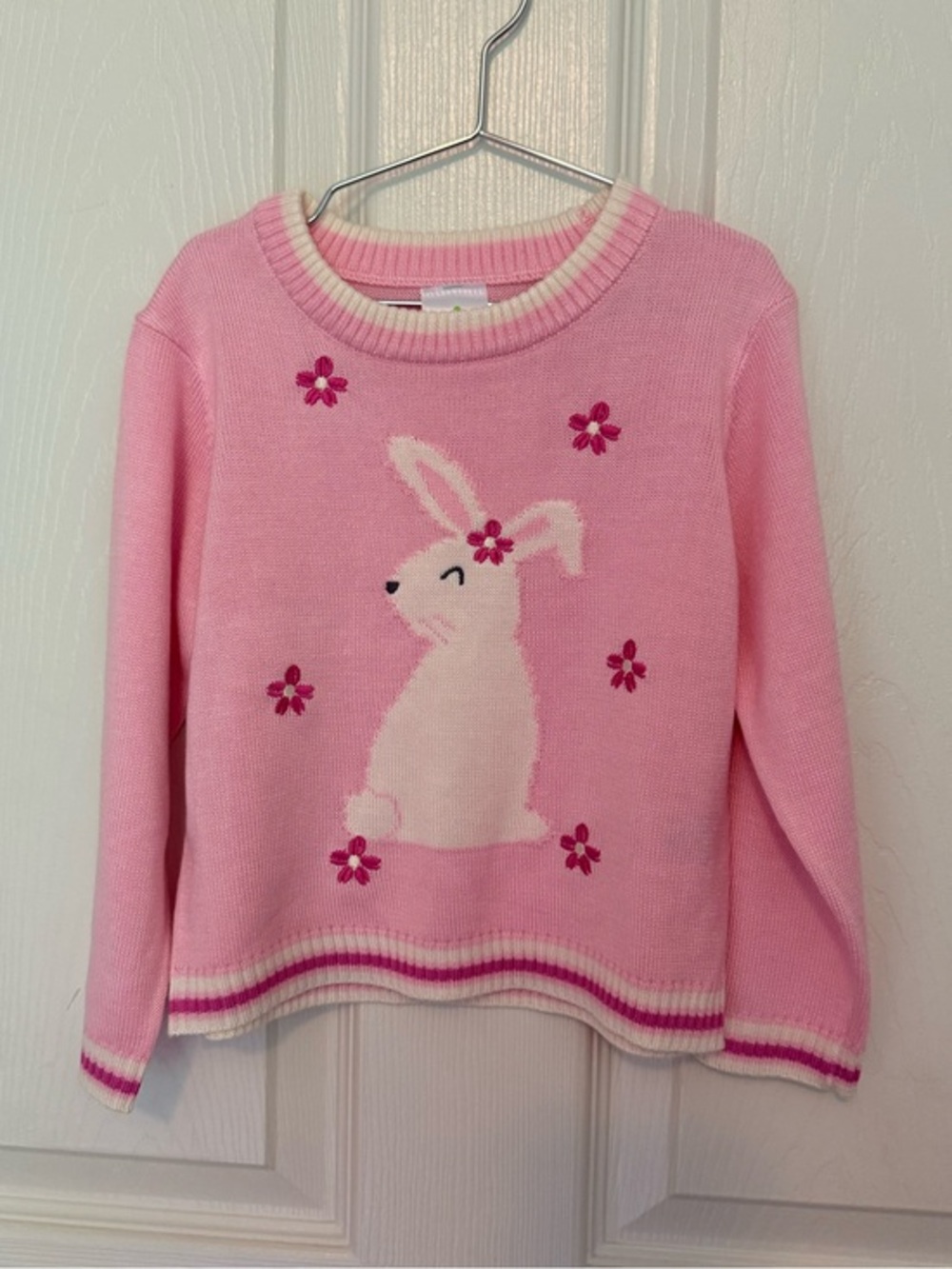 Girls Pink Bunny Knit Sweater with Floral Motif